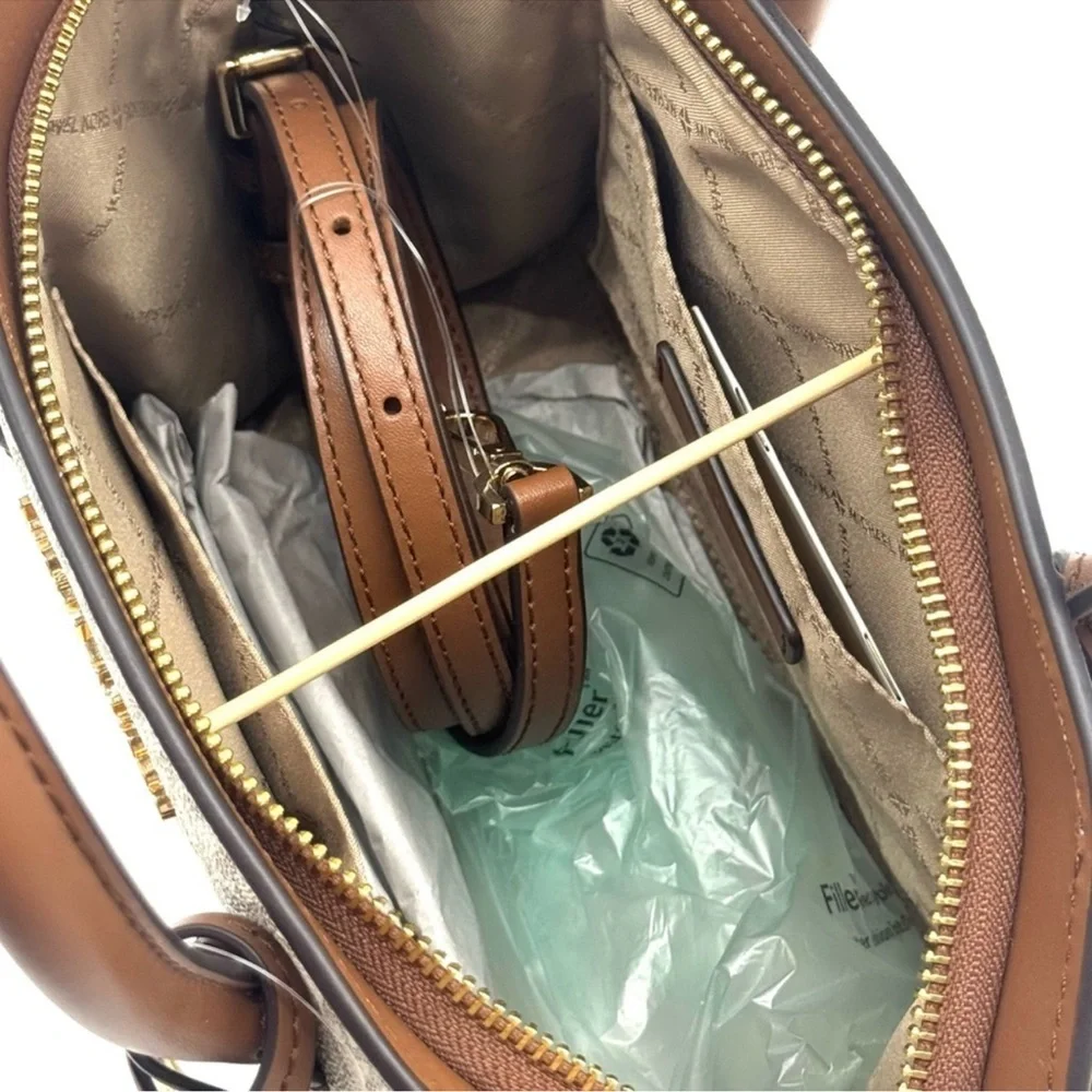 Michael Kors Avril Small Logo and Leather Satchel Bag Vanilla/Brown